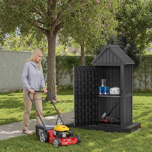 Outdoor Storage Shed with Lock, Waterproof Resin Garden Tool Shed, Heavy-Duty Weather-Resistant Cabinet for Patio, Backyard
