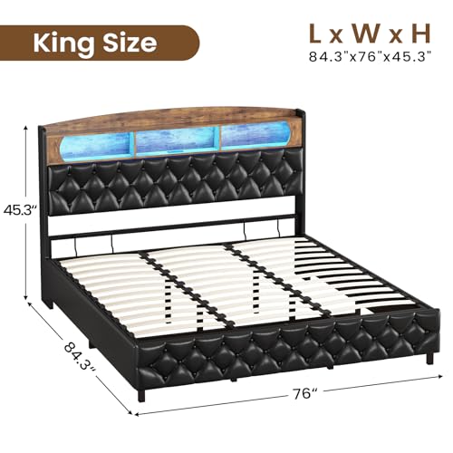 King Size Lift Up Storage Bed Frame, King Platform Bed with Storage & LED LIghts & Charging Station, Upholstered Storage Headboard