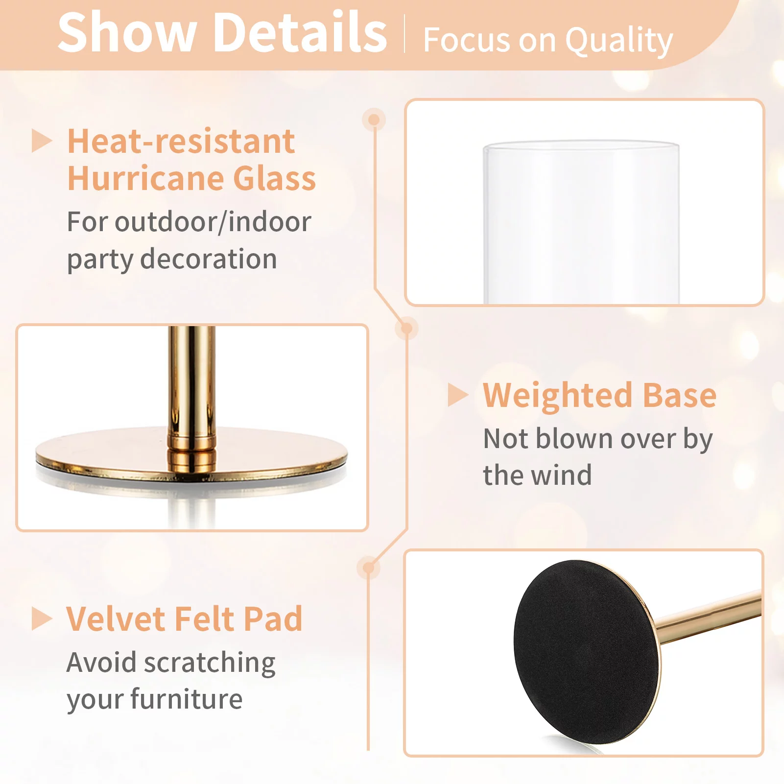 Nuptio Gold Taper Candle Holders with Hurricane Glass Tall Brass Candlestick Holder for Wedding Christmas Table Centerpiece Set of 6