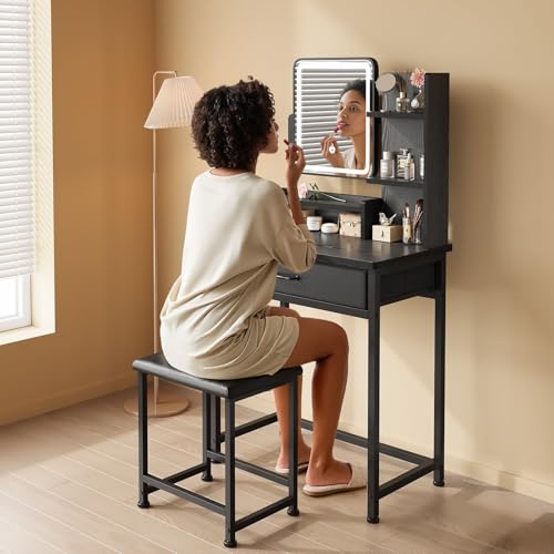 Makeup Vanity Desk with Mirror and Lights, Small Vanity with Fabric Storage Drawer & Chair & Shelves, White Compact Makeup Vanity Set for Bedroom