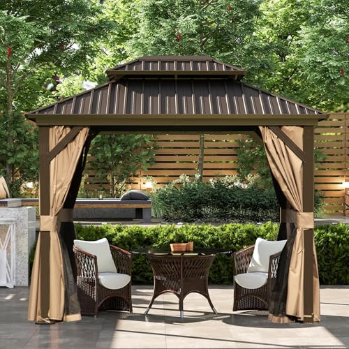 Domi 10’ x 10’ Hardtop Gazebo Metal Frame Canopy with Netting & Curtains