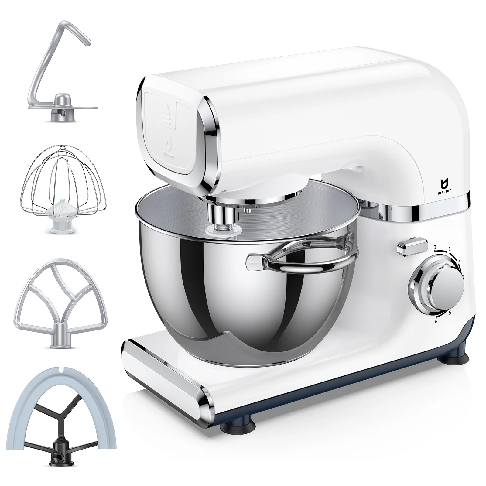 UTALENT 6 Adjustable Speeds Electric Stand Mixer with Flex Edge Beater, Egg Whisk, Dough Hook, Flat Beater