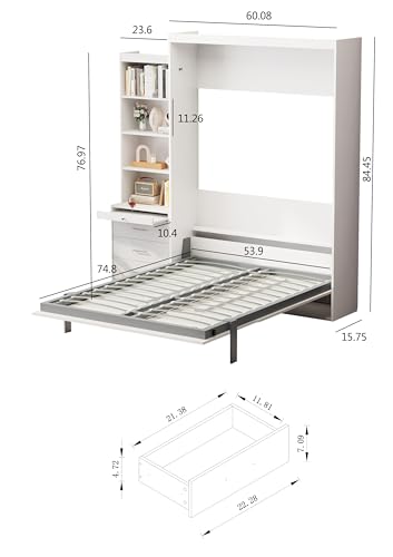 Full Size Murphy Bed with Drawers, Cabinets and USB Ports,Wood Murphy Bed Cabinet Bed Removable Shelves