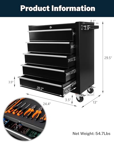5-Drawer Rolling Tool Chest, Modular Tool Cabinet with Brake Casters & Removable Drawers, Workshop Toolbox Cart for Factory/Garage, Black