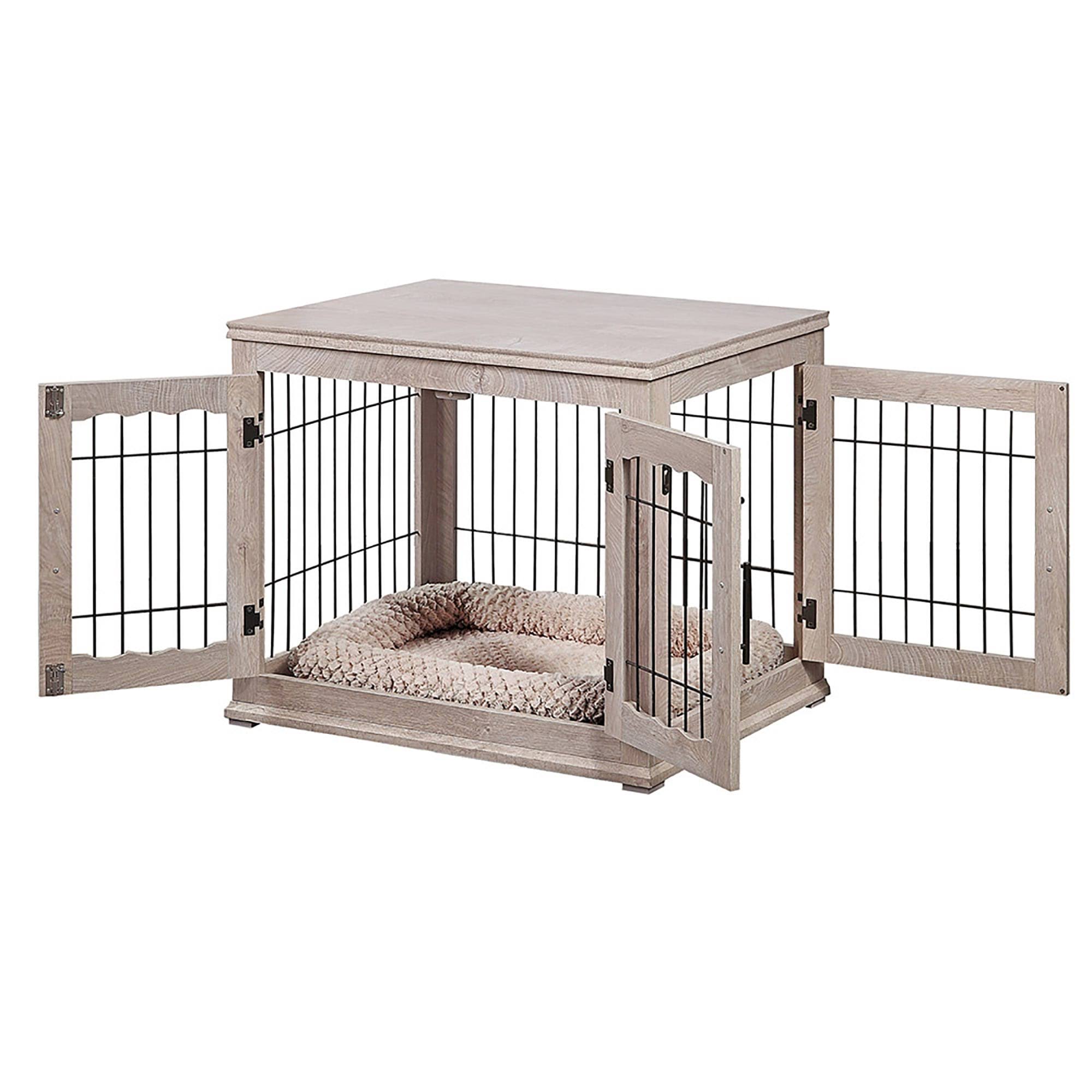Unipaws Crate Wooden End Table with Wire Dog Kennel with Bed in Weathered Gray, 32x22 L x 23x22 W x 26.5x22 H, Medium
