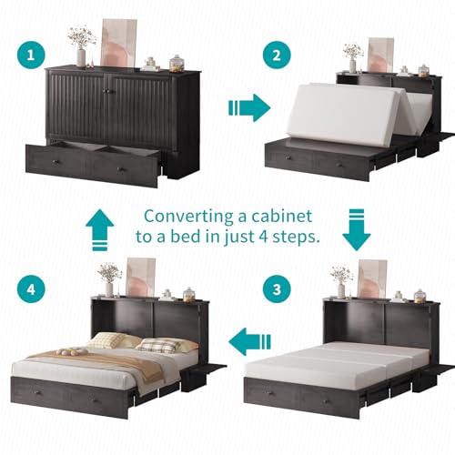BALUS Murphy Cabinet Bed, Queen Cabinet Chest Bed with USB Charging Station, Tri-Fold Mattress