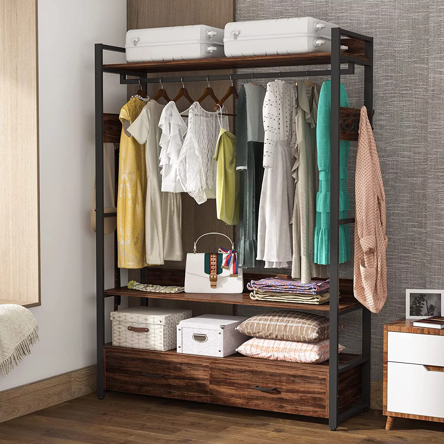 Tribesigns Closet, Heavy Duty Clothes Rack with Shelves Hanging Rod and 2 Drawers for Bedroom, Rustic Brown