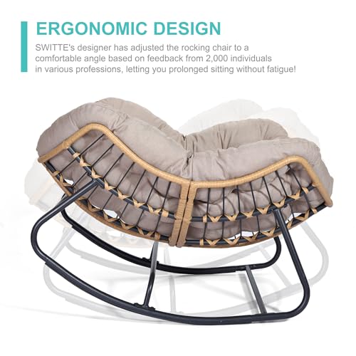 SWITTE Outdoor Rocking Chair, Oversized Patio Papasan Rocker, Comfy Wicker Reading Lounge, Indoor Egg Chair for Bedroom, Living Room, Porch, Garden