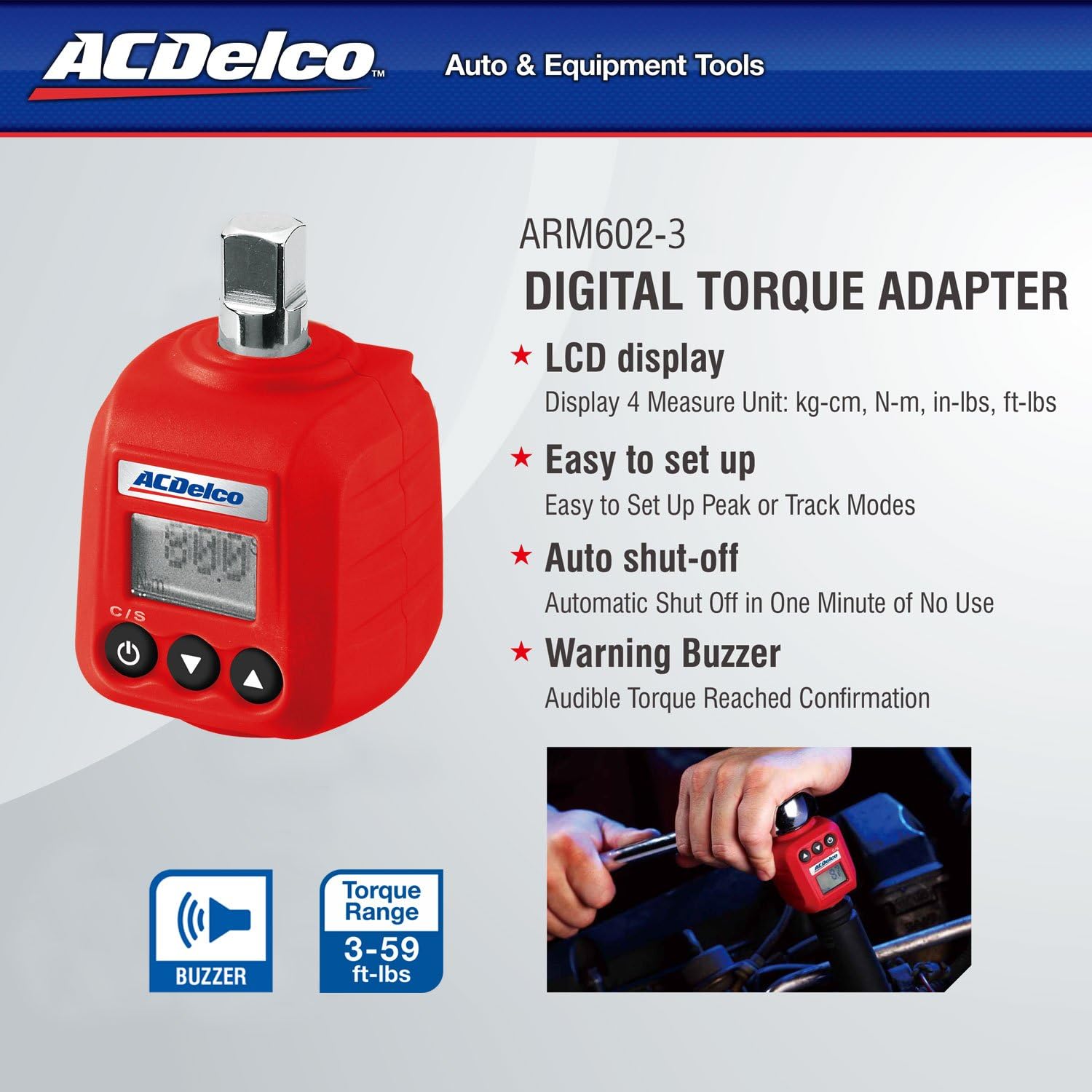 ACDelco ARM602-3 3/8” (5.9 to 59 ft-lbs.) Heavy Duty Digital Torque Adapter with Buzzer and LED Flash Notification – ISO 6789 Standards with