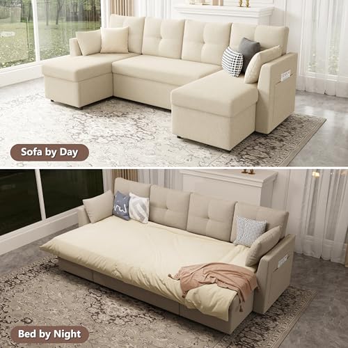 Oversized Sleeper Sofa Couch, 110 inch 2 in 1 Pullout Couch Bed with Double Storage Chaise