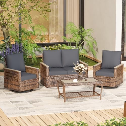 MELLCOM 4 Pieces Patio Furniture Set, Outdoor Wicker Chairs with Ottomans