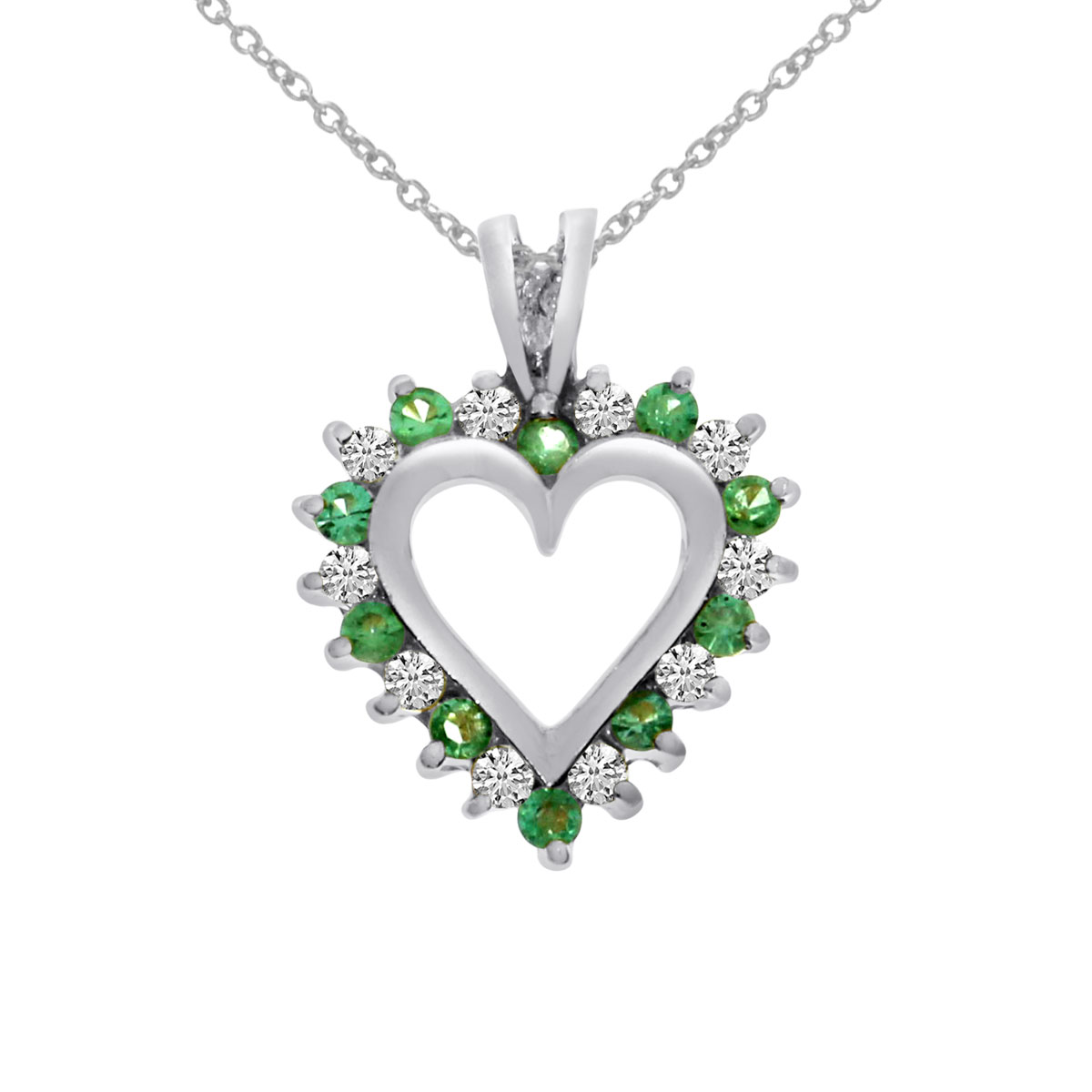 14k White Gold Emerald and Diamond Heart Shaped Pendant with 18" Chain