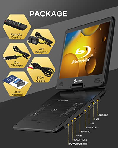 WONNIE 16.9" Portable Blu ray DVD Player with 14.1" 1080P HD Swivel Screen, 4-Hour Rechargeable Battery, Supports HDMI Output, Surround Audio