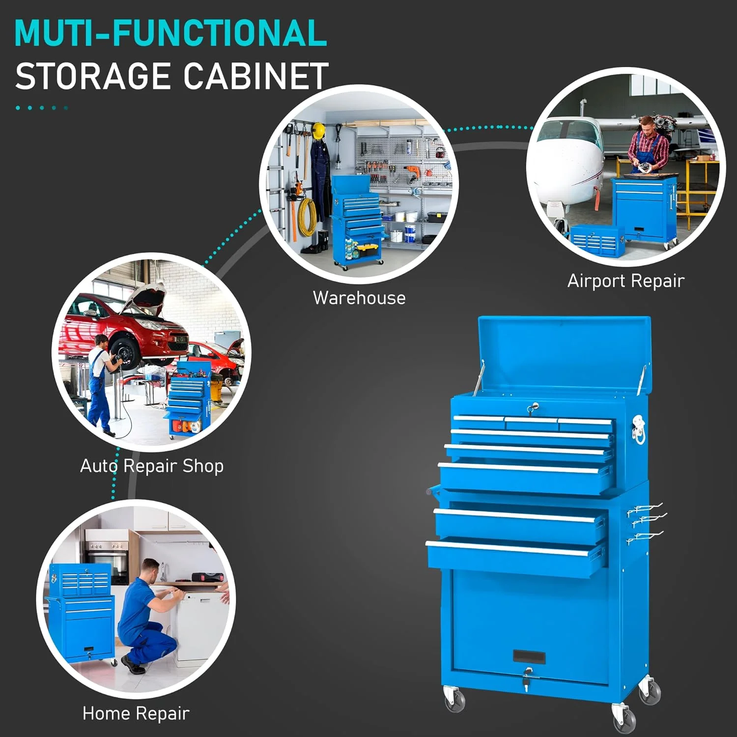 2-IN-1  Tool Chest & Cabinet, Large Capacity 8-Drawer Rolling Tool Box Organizer with Wheels Lockable Craft, Black