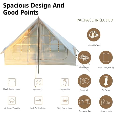 Inflatable Camping Tent with Pump, Upgraded Waterproof Windproof Glamping Blow Up Tent, Easy Setup 4 Season Air Cabin House with Mesh Windows & Door