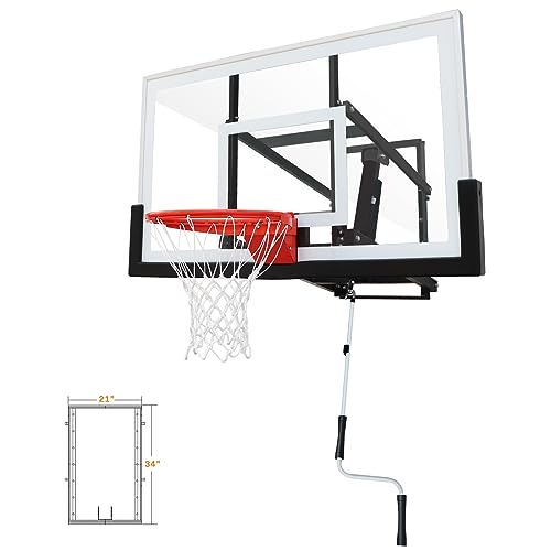 PROGOAL Basketball Hoop Garage Wall Mounted Adjustable-Height, with 60''x36''Tempered Glass Backboard, Pro-Style Breakaway Rim