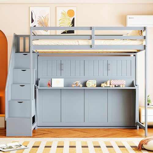 Queen Size Murphy Bed Wall Bed with Desk and Closet,Drawers and Shelves,for Small Spaces Studio Study Office Guest Room Use (Gray#Desk, Queen)