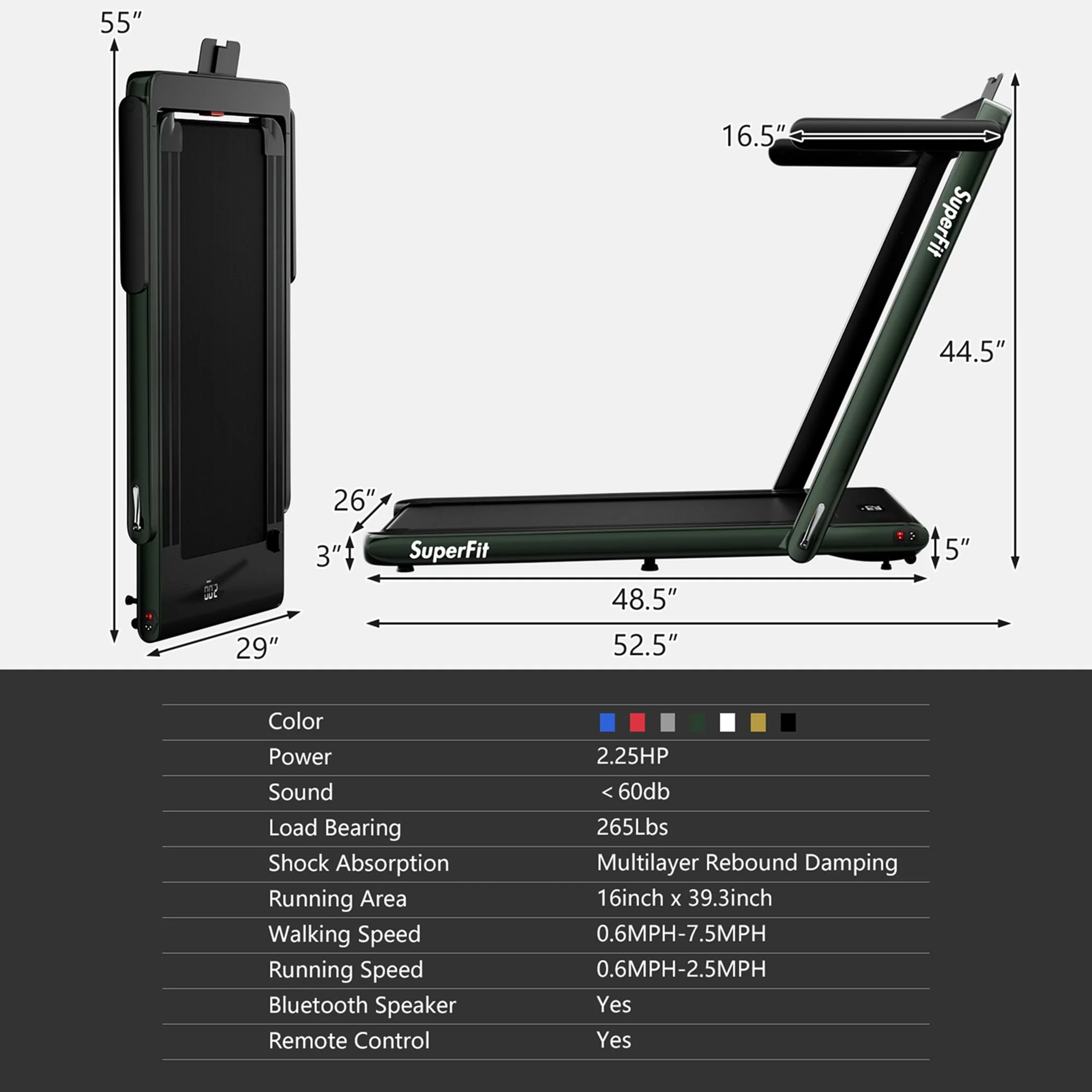 SuperFit Up To 7.5MPH 2.25HP 2 in 1 Single Display Screen Folding Treadmill W/ APP Control Speaker Remote Control Blue