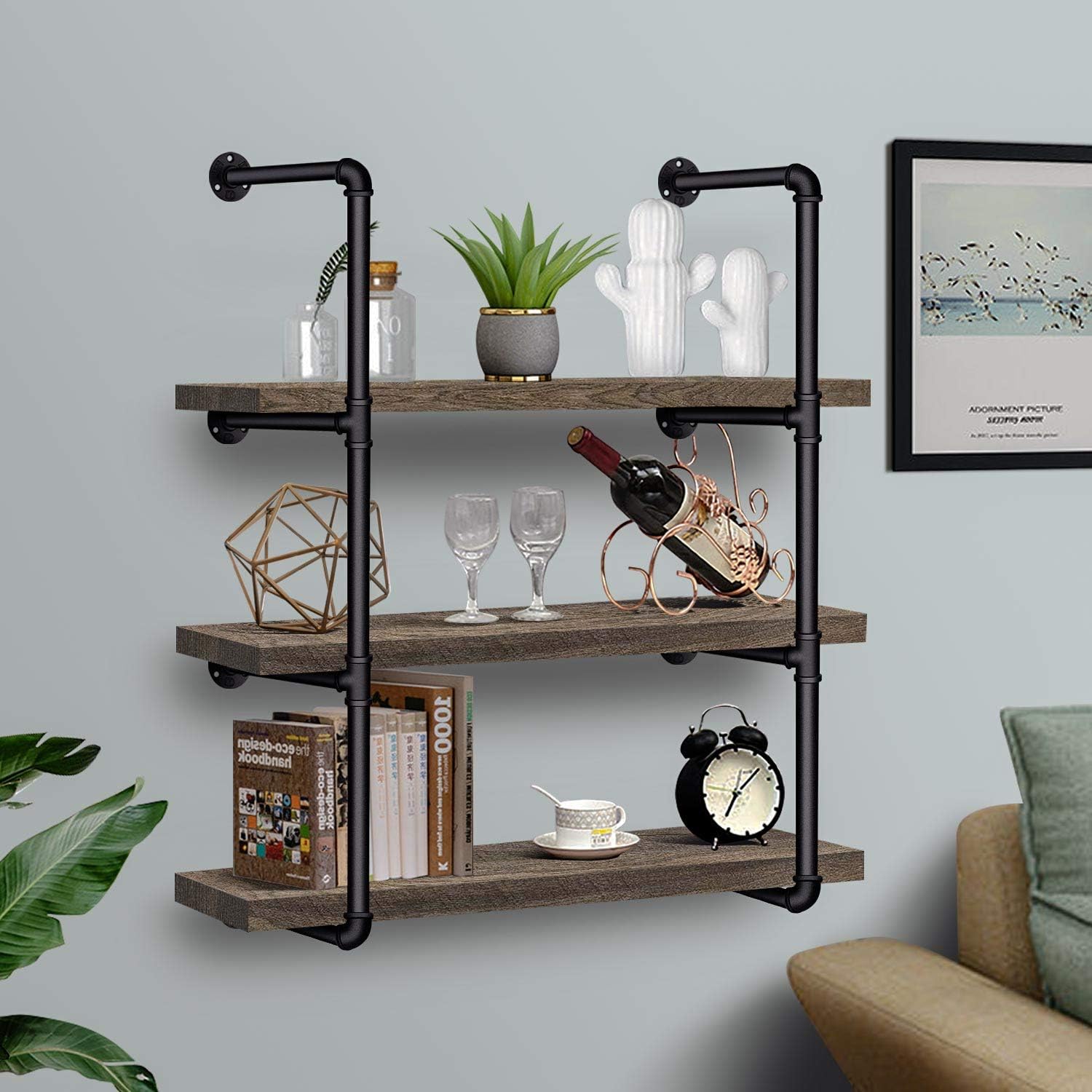 3/4 Inches Malleable Cast Iron Pipe 2 PCS 4 Tier. Vintage Industrial Wall Mount Bookshelf Shelving Unit, DIY Open Bookshelf, Shelf Shelves