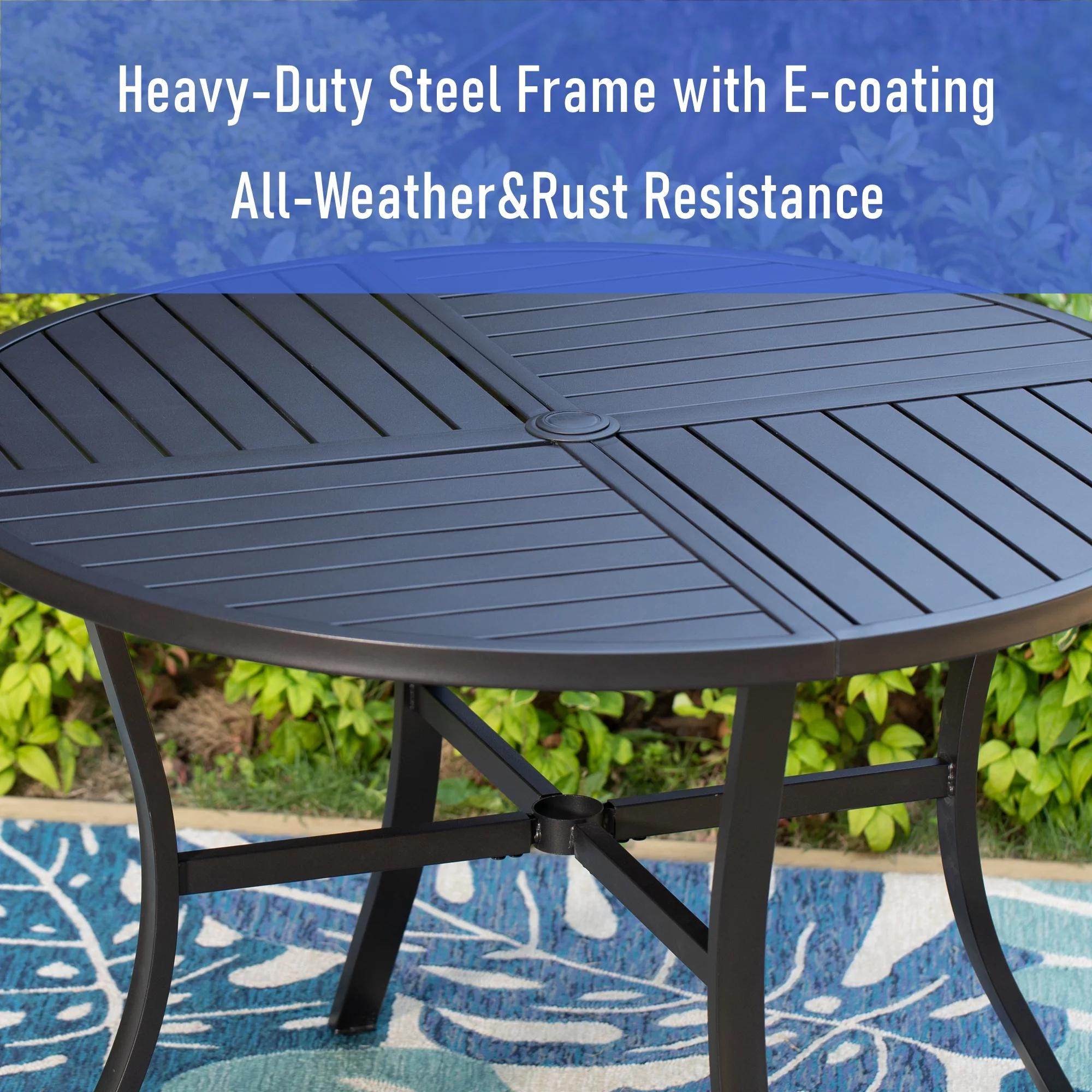 MF Studio 5-Piece Outdoor Patio Dining Set with High-Back Swivel Sling Chairs & Round Table for 4-Person, Padded Textilene Seat, Black & Blue
