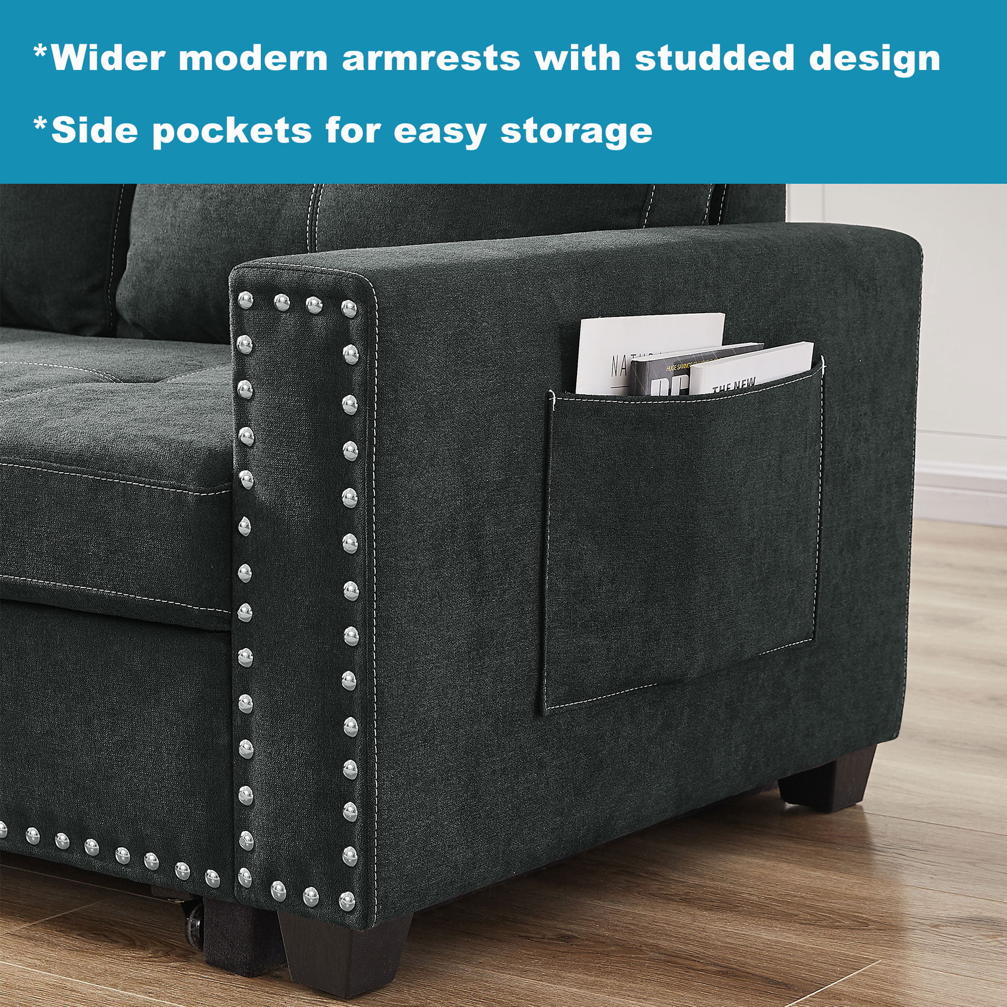 Muumblus 82" Sleeper Sofa Bed Reversible Sectional Couch with Storage Chaise, Modern Queen Size Convertible Pull Out Sofa Bed for Living Room