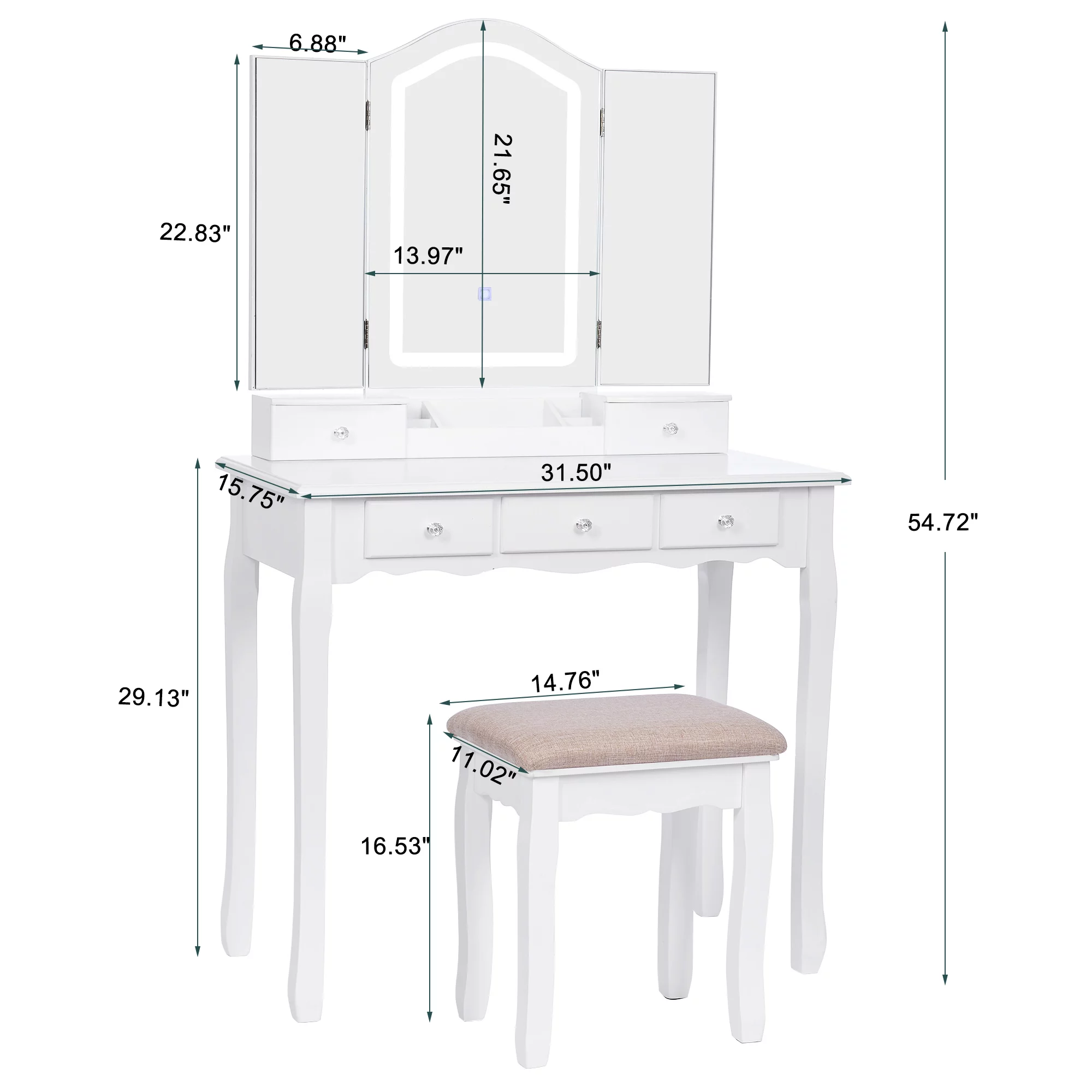 BEWISHOME Vanity Desk with Mirror and Lights, Makeup Vanity with Lights, White Vanity Set with Tri-Folding Mirror with 3 Colors