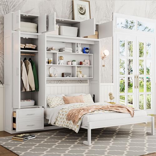 LZ LEISURE ZONE Full Size Murphy Bed, Wood Space Saving Foldable Wall Bed with Desk, Top Cabinet and Storage Shelves, White