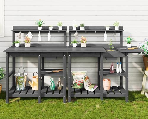 SERWALL Potting Bench Outdoor Potting Table with Sink, HDPE Potting Benches for Outside Gardening Table All Weather Use- Black