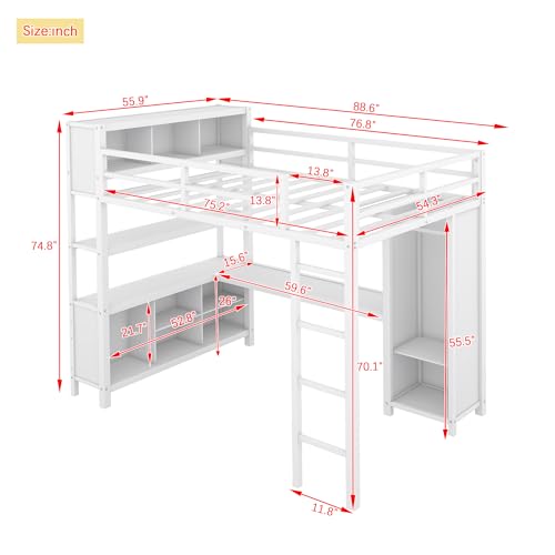 Bellamave Metal Loft Bed with Wardrobe and L-Shaped Desk, Full Size Loft Bed with Storage Cubes and Shelves, Heavy Duty LoftBed for Kids Teens Adults