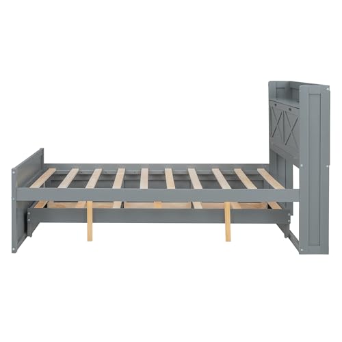 Harper & Bright Designs Twin Size Captain Platform Bed with Bookcase Headboard, Wood Twin Bed Frame with Storage Drawers and Shelves