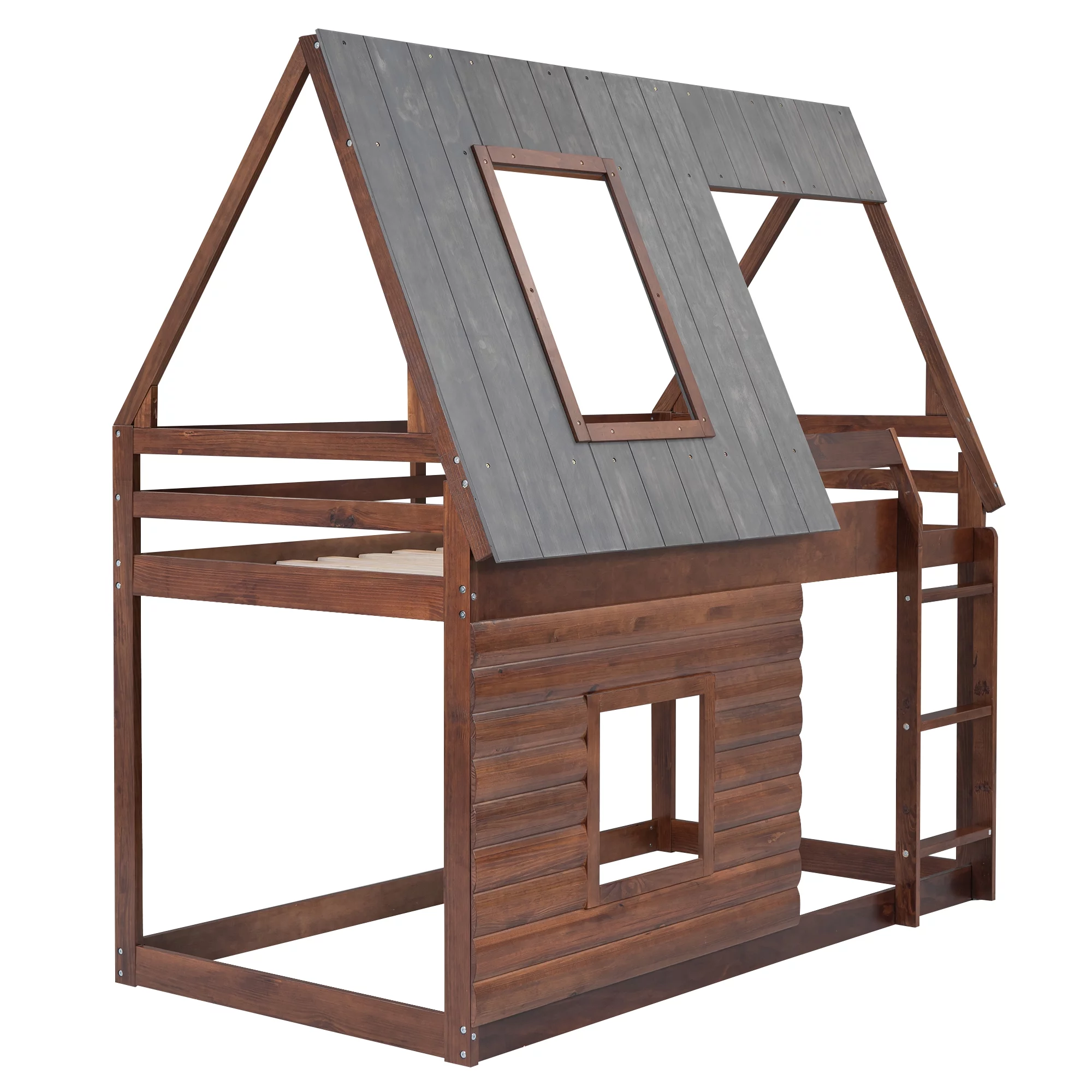 EUROCO Twin over Twin House Bunk Bed with Roof for Kids Bedroom, Grey