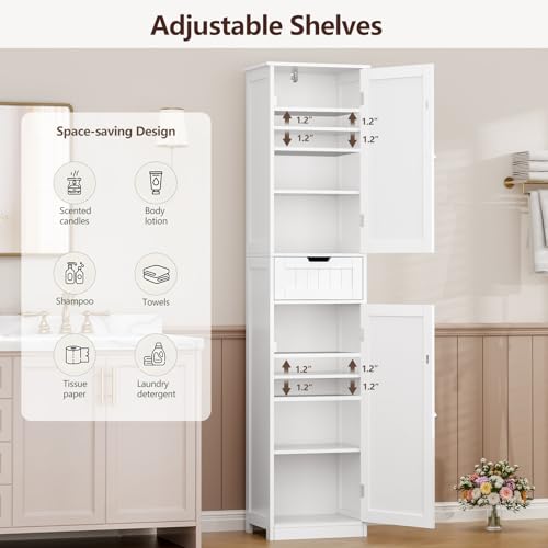 Iwell 67" Tall Bathroom Cabinet, Storage Cabinet with 2 Doors & 1 Drawer, Bathroom Storage Cabinets with Adjustable Shelves, for Living Room