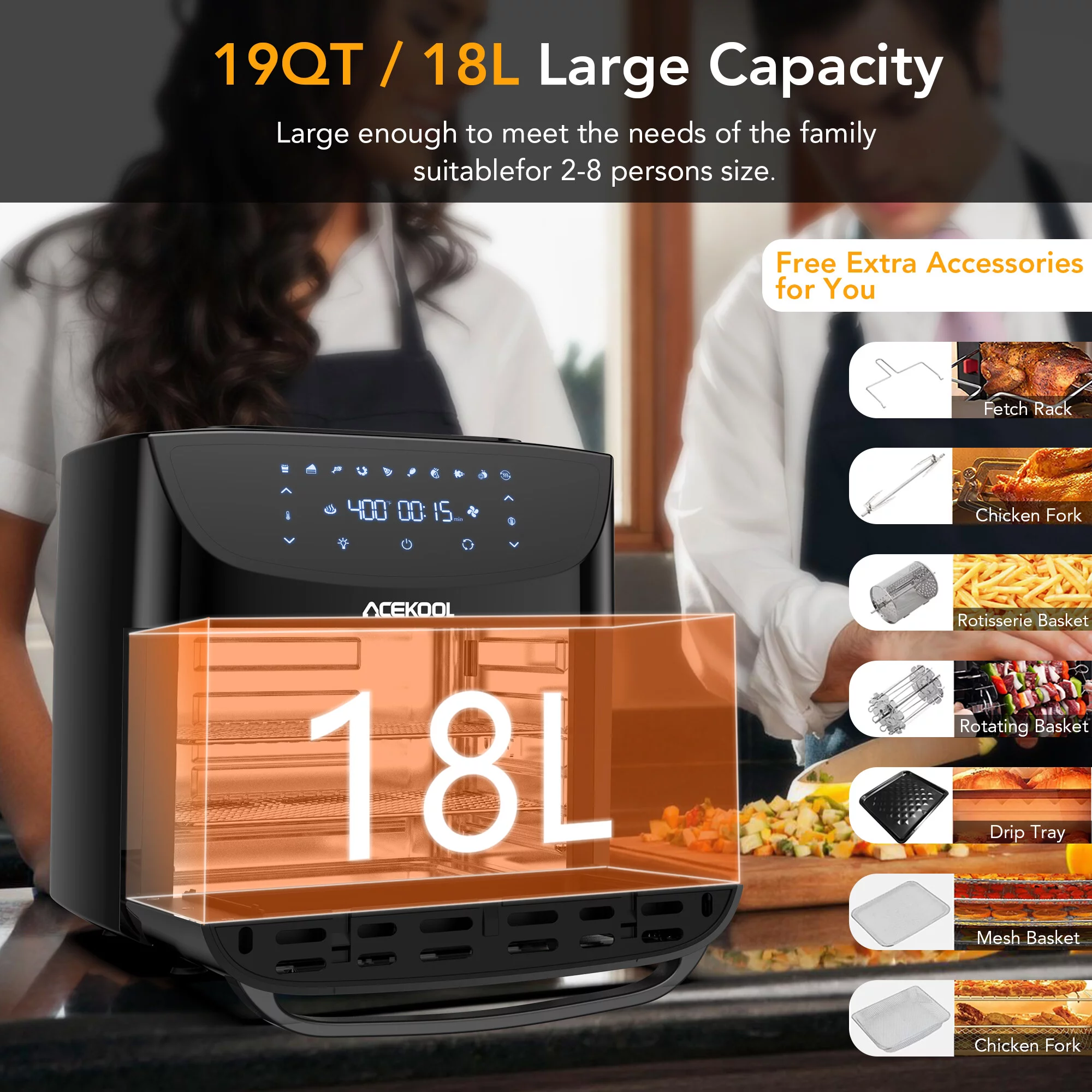 Acekool 19 Qt 1800 W 10-in-1 Digital Air Fryer Countertop Oven