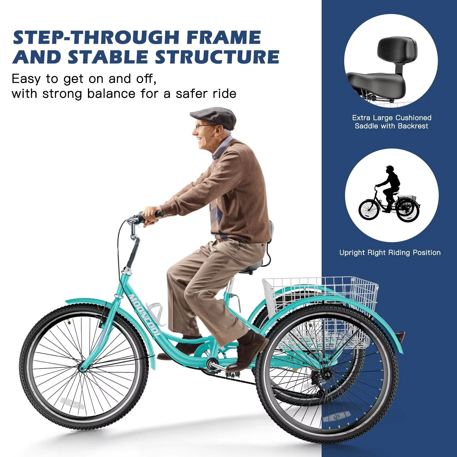 MOPHOTO 20''/24''/26'' Tricycle for Adults, 7 Speed 3-Wheel Bike, Comfort Cruiser Trike, Cyan Tricycle with Big Basket - Curated Treasures Market