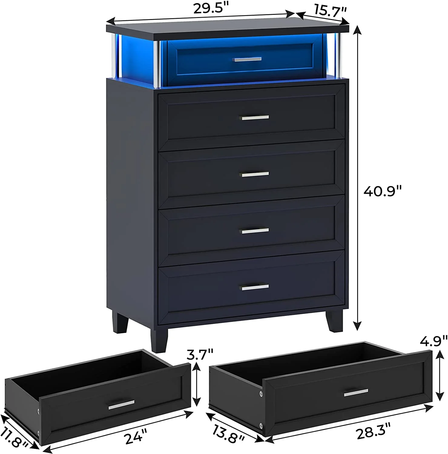 Black 5 Drawers Dresser with LED Light for Bedroom Living Room Closet,Large Capacity Storage Cabinet, Wood Dresser,Black