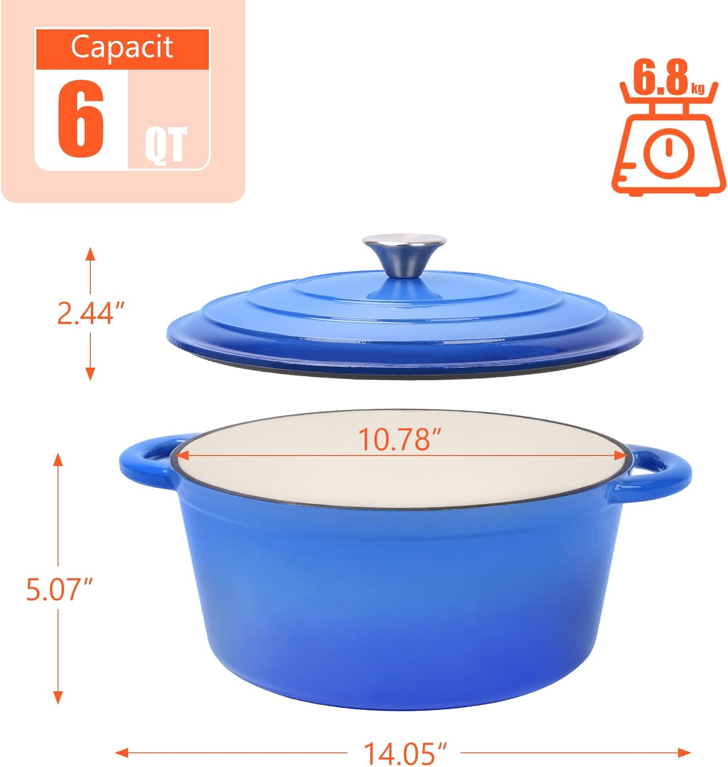 Grisun 6 Quart Enameled Cast Iron Dutch Oven with Lid, Round Dutch Oven Pot Cookware with Dual Handles for Home, Kitchen, Oven Safe, Use to Marinate