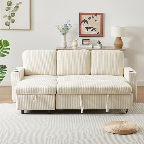 L-Shaped Pull Out Sleep Sofabed,Modern Reversible Sleeper Sectional Sofa Chenille Upholstered Button Tufted Decor with Storage Chaise