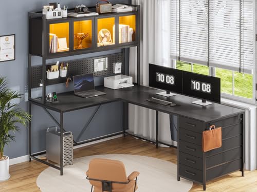 SEDETA L Shaped Gaming Desk with Drawers, L Shaped Computer Desk with Hutch and Storage Shelves, Gaming Desk with Pegboard, Led Lights