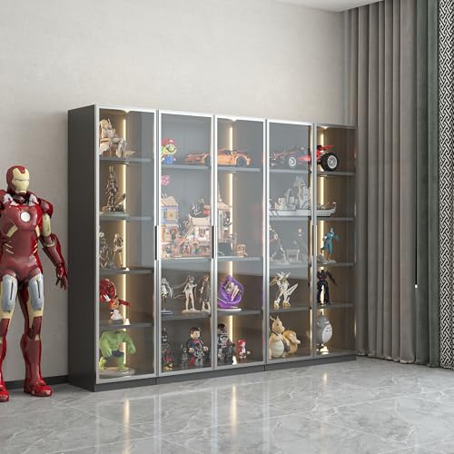 Display Cabinet with Light Strips, 5 Shelves Metal Storage Cabinet with Glass Door