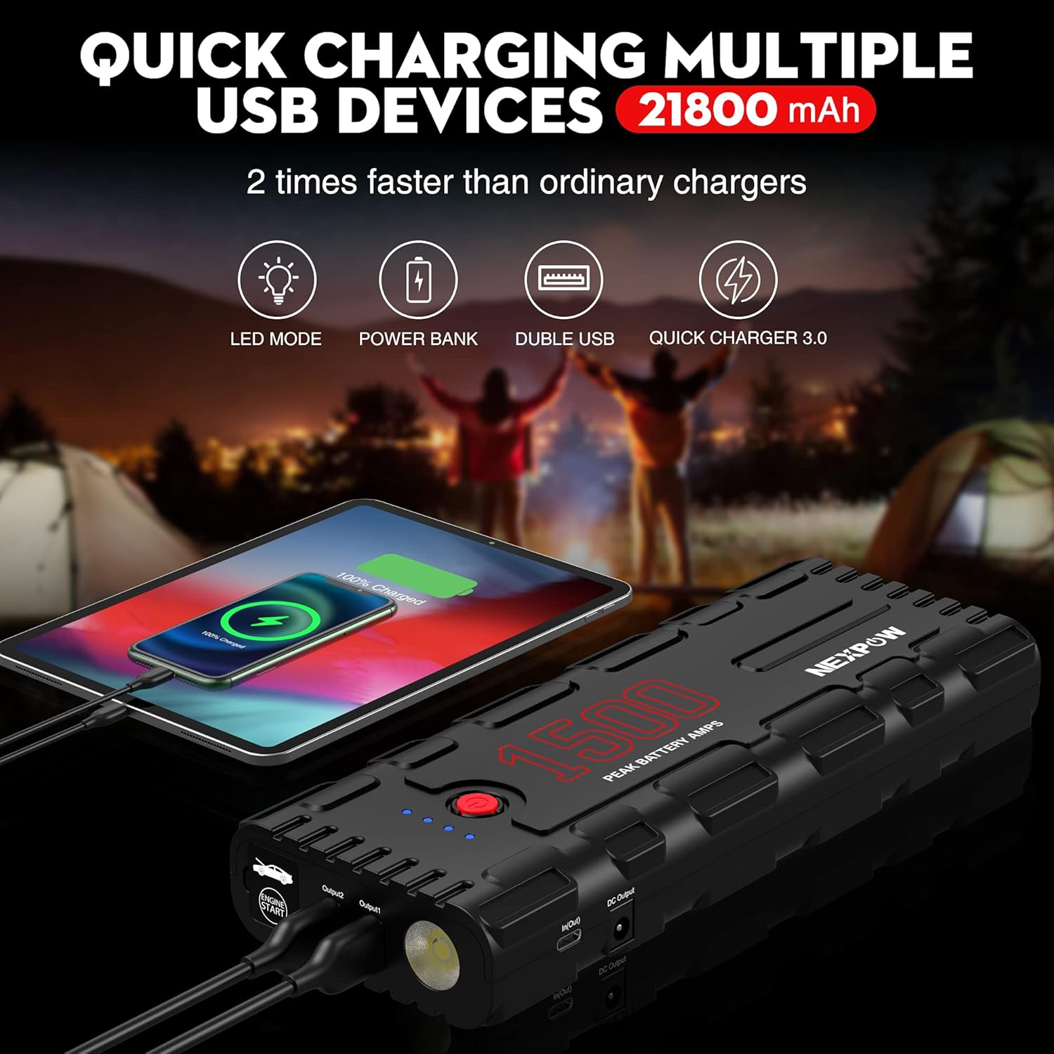 NEXPOW Car Jump Starter, 21800mAh 12V Portable Car Battery Starter, Auto Battery Booster, Lithium Jump Box with LED Light/USB Quick Charge 3.0