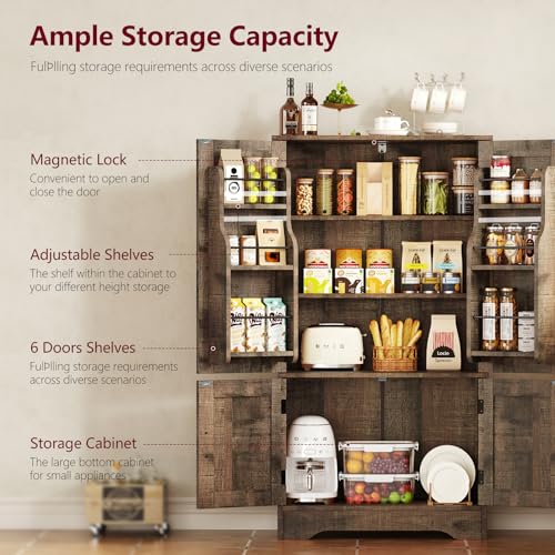 usikey Storage Cabinet with 4 Doors, 43.3" H Farmhouse Kitchen Cabinet with 6 Door Shelves, Kitchen Storage Cabinets with Adjustable Shelves