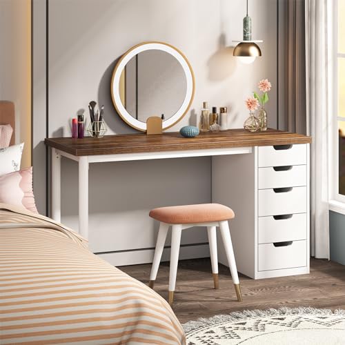 Tribesigns 47 inches Vanity Desk with 5 Drawers, Rustic Brown Makeup Vanity Table Dressing Table with Storage, Modern Simple Computer Desk for Women