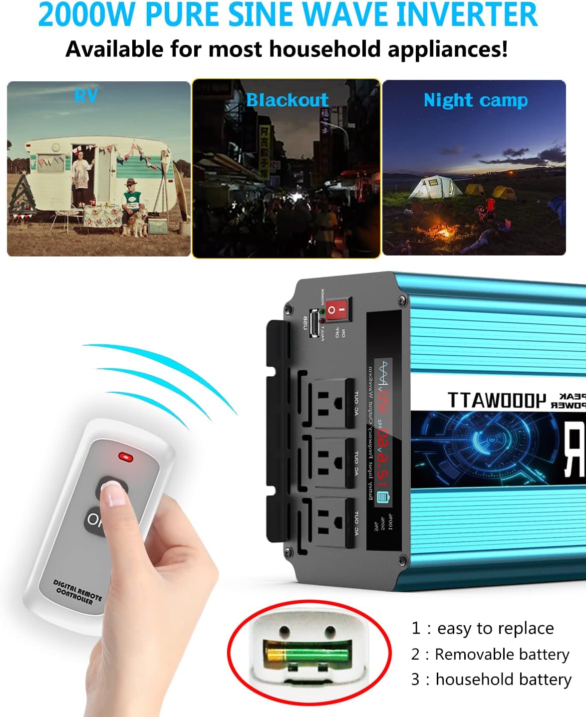 2000W Pure Sine Wave Power Inverter 12V DC to AC 110V/120V Converter for Home, RV, Solar Inverter 12V to 110V, 3 Outlet Car Inverter