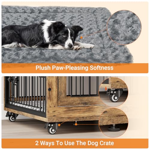 Lulive Dog Crate Furniture for Medium Dogs, 32'' Dog Kennel Indoor with Cushion & Wheels Wooden Dog Cage Double Doors Dog Crate End Table, Grey
