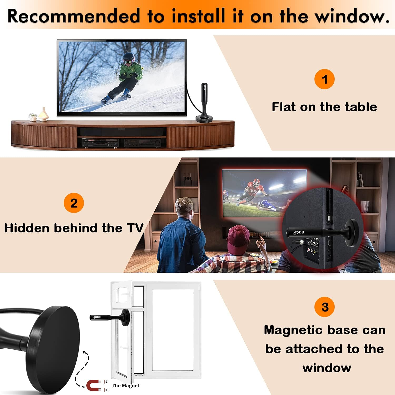 TV Antenna, HD Digital TV Antenna Indoor Outdoor, 360° Reception & Strong Magnetic Base Digital HDTV Antenna