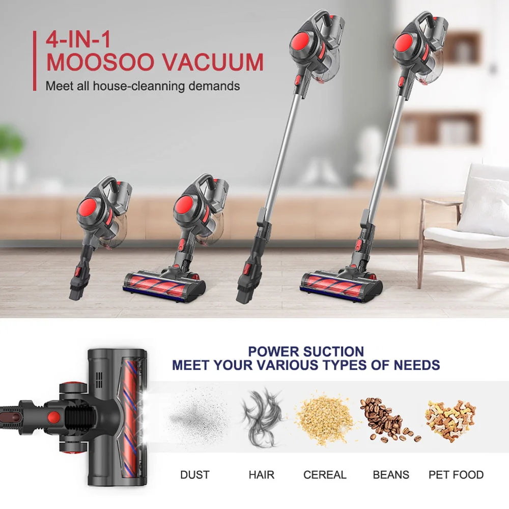Moosoo Cordless Vacuum 4-in-1 Lightweight Stick Vacuum Cleaner, XL-618A