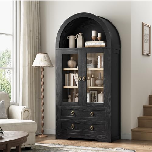 Kitchen Pantry Cabinet, Arched Bookshelf Bookcase China Pantry Storage Cabinet with Drawers Doors and Shelves