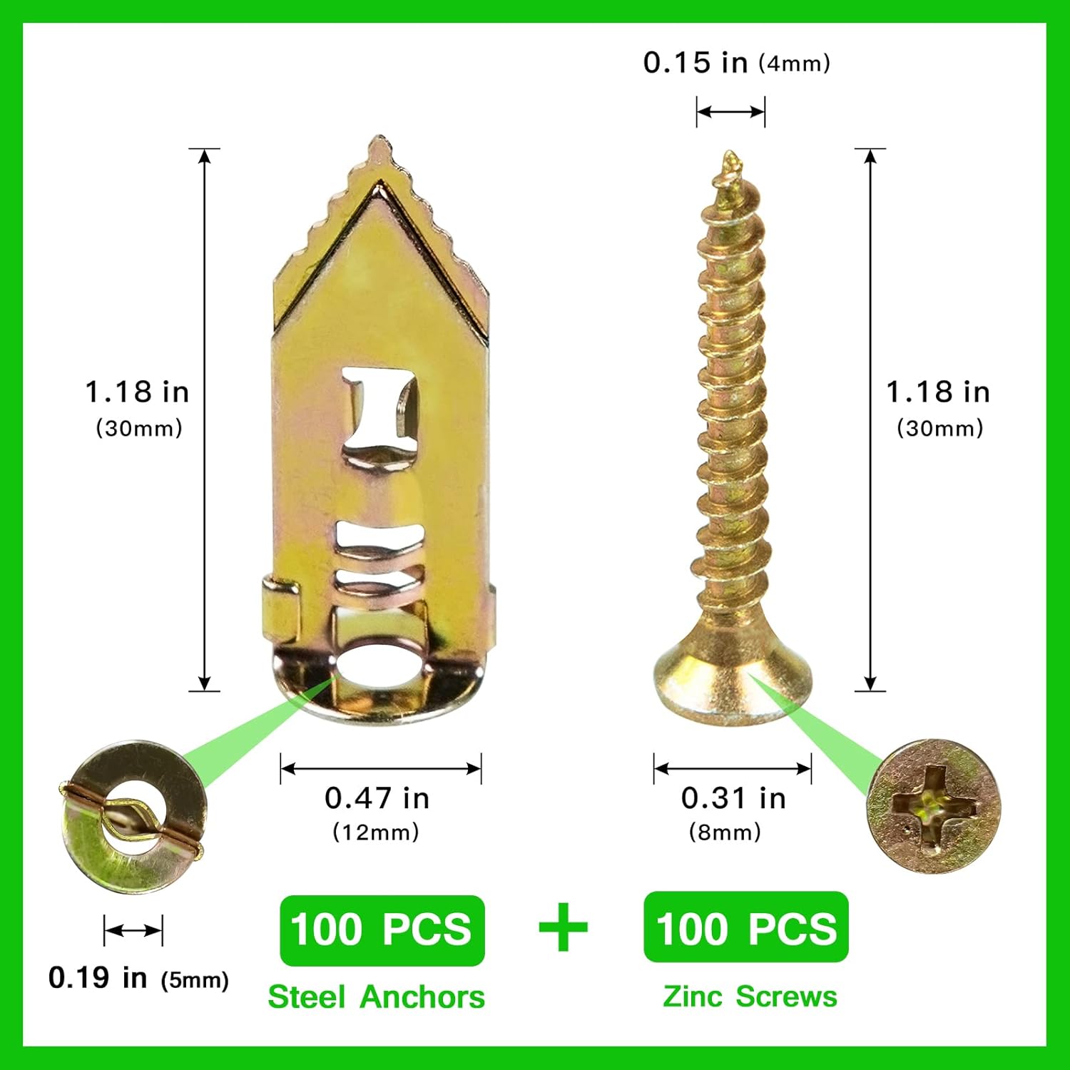 200 PCS Zinc Plated Steel Self-Drilling Anchors，Self Drilling Drywall Anchors Easy Application No Drill or Holes in Wall (100 PCS Steel Anchors
