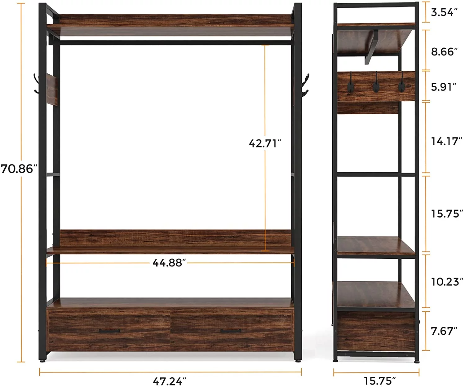 Tribesigns Closet, Heavy Duty Clothes Rack with Shelves Hanging Rod and 2 Drawers for Bedroom, Rustic Brown