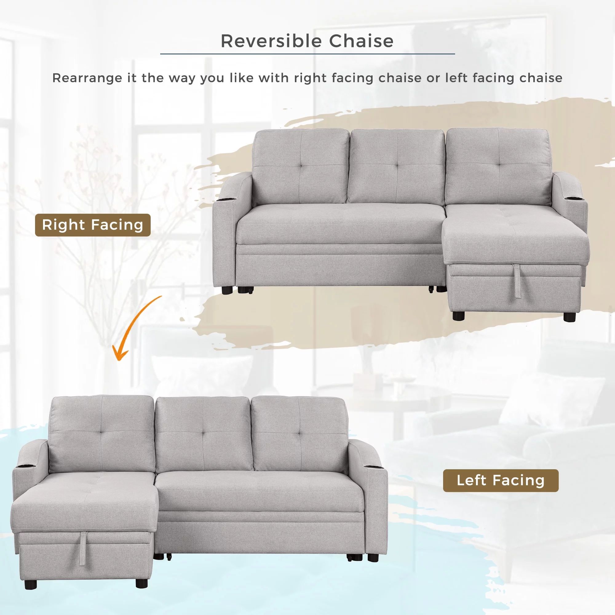 Churanty L-Shape Couch Sectional Sofa Upholstered Velvet Convertible Sofa with Pull-Out Sleeper, Storage Chaise, Cup Holder,Gray